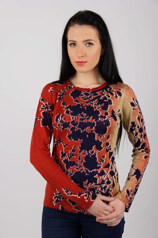 Red & Beige Floral Silk Wool Cashmere Sweater