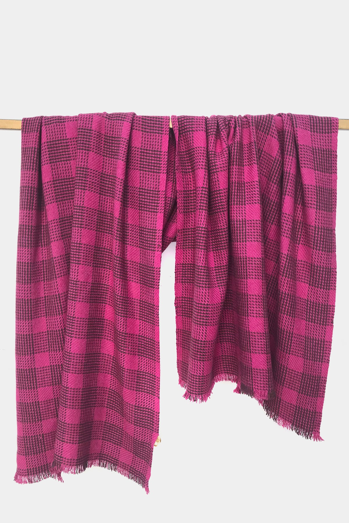 Fuchsia and Black Silk Wool Cashmere Scottish Plaid Scarf