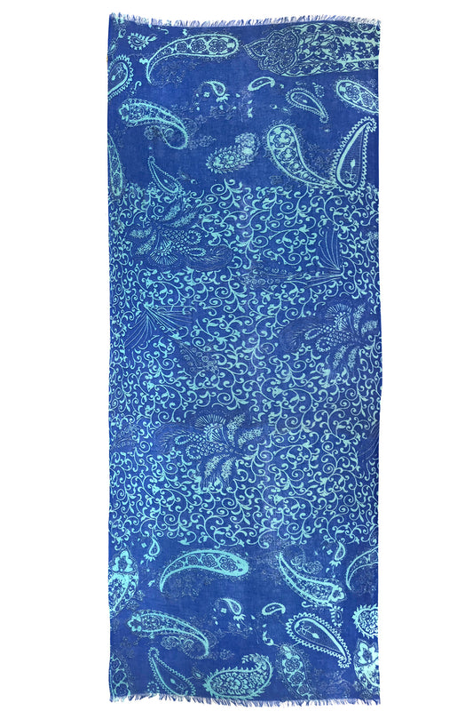 Cobalt-Blue Paisley Silk Cashmere Scarf