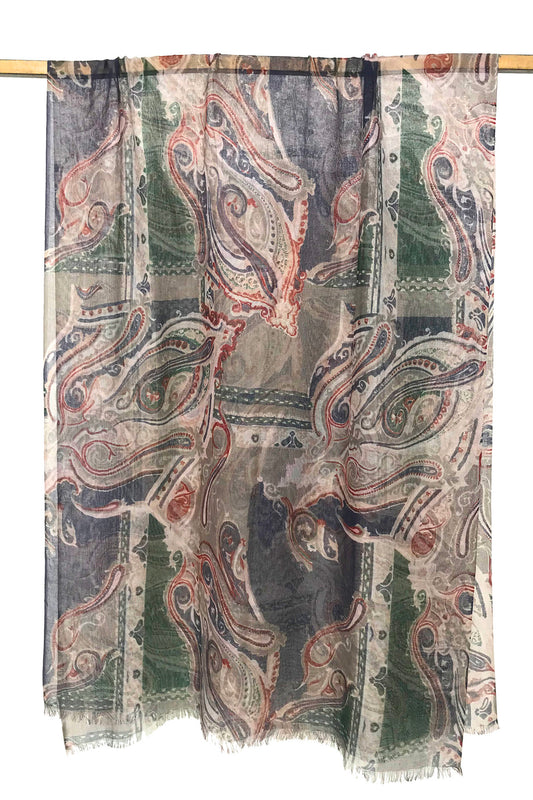 Peach & Green Paisley Silk Cashmere Scarf