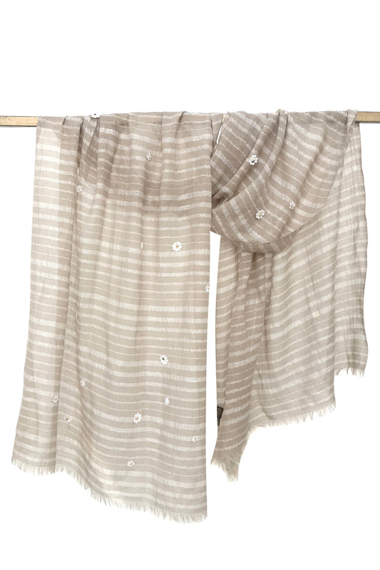 Stone and White Linear Silk Cashmere Scarf