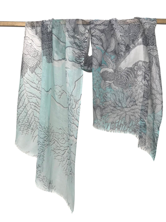 Abstraction in Botany Turquoise and Charcoal Silk Linen Cashmere Scarf