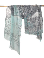 Abstraction in Botany Turquoise and Charcoal Silk Linen Cashmere Scarf