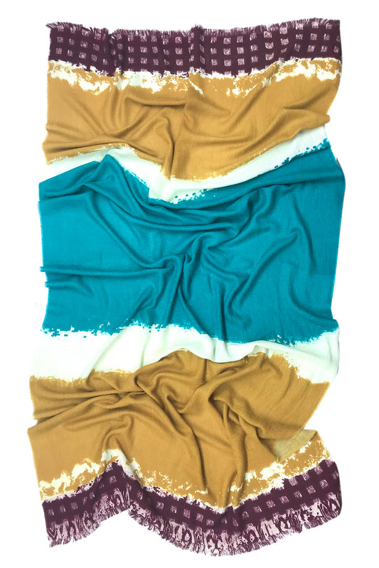 Ochre and Teal Organic Colour Blocked Silk Wool Cashmere Scarf