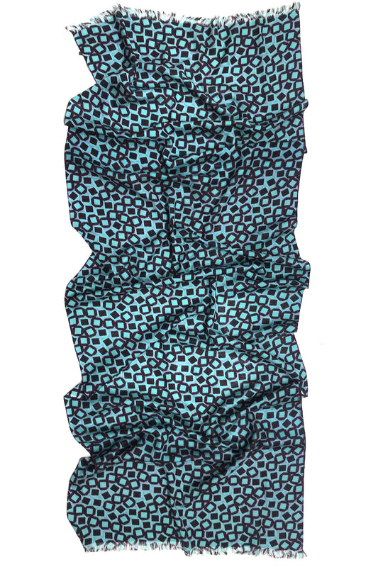 Turquoise and black Geometry of Shapes Silk Wool Cashmere Scarf