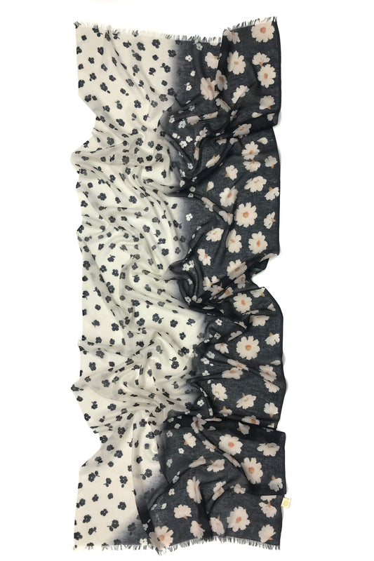 Black & White Floral Silk Cashmere Scarf