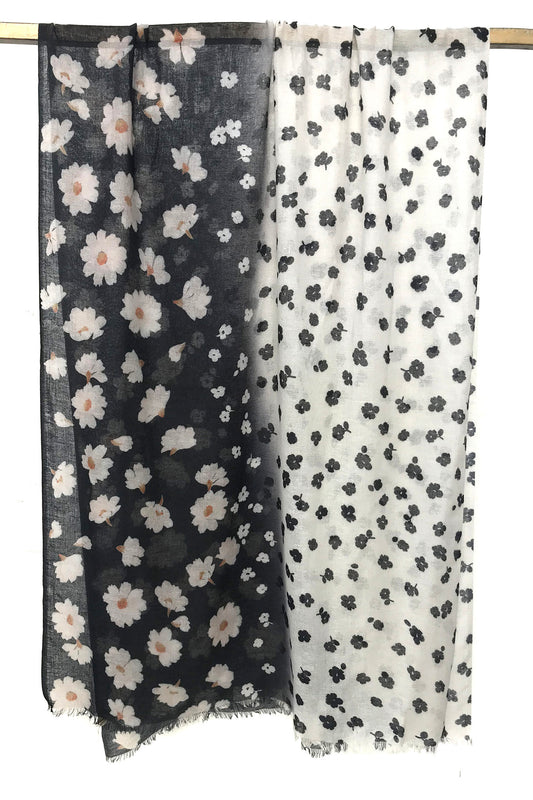 Black & White Floral Silk Cashmere Scarf