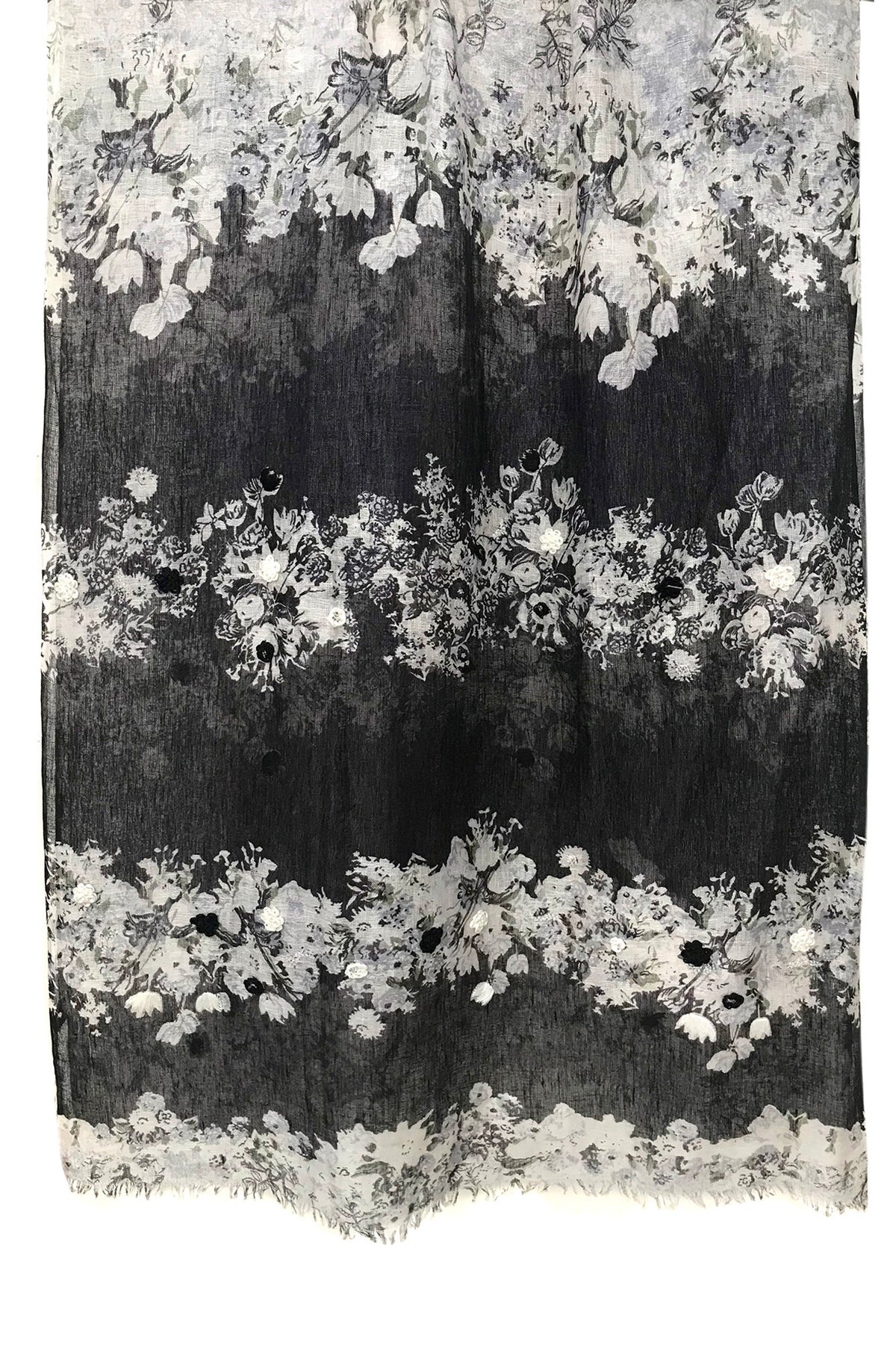 Black and White Blossoms Silk Linen Cashmere Scarf