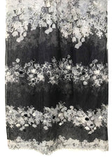 Black and White Blossoms Silk Linen Cashmere Scarf