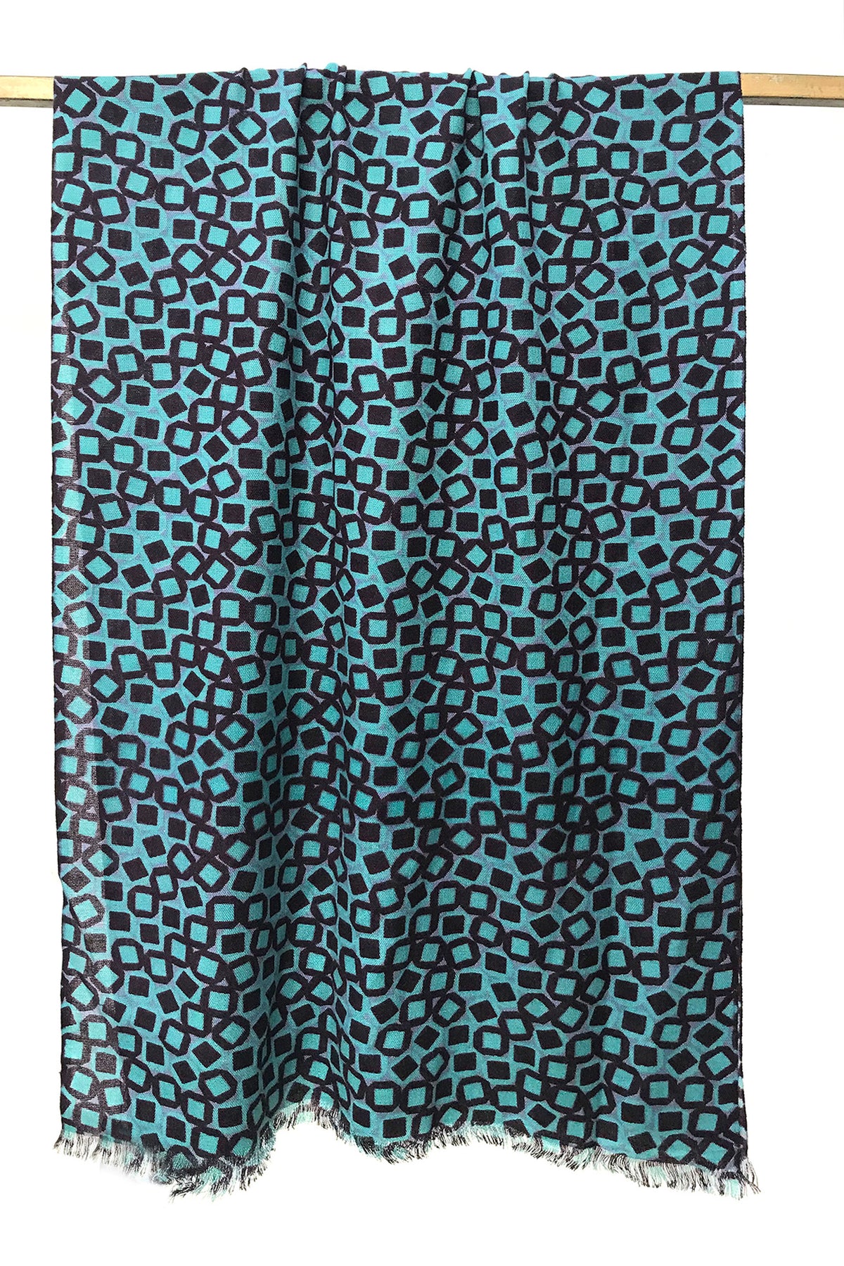 Turquoise and black Geometry of Shapes Silk Wool Cashmere Scarf