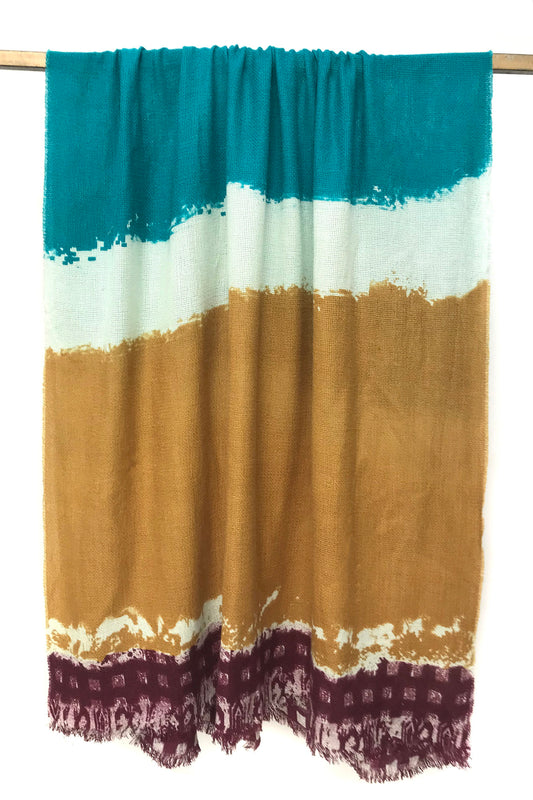 Ochre and Teal Organic Colour Blocked Silk Wool Cashmere Scarf