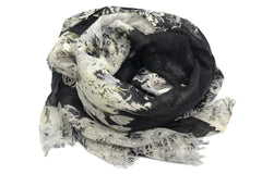 Black and White Blossoms Silk Linen Cashmere Scarf