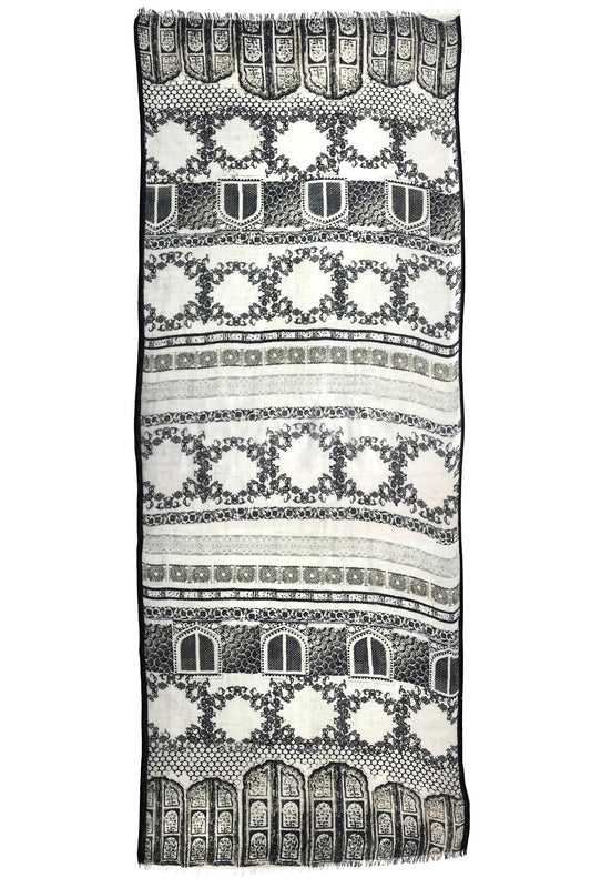 Jharokha-print Black & White Contemporary Silk Cashmere Scarf