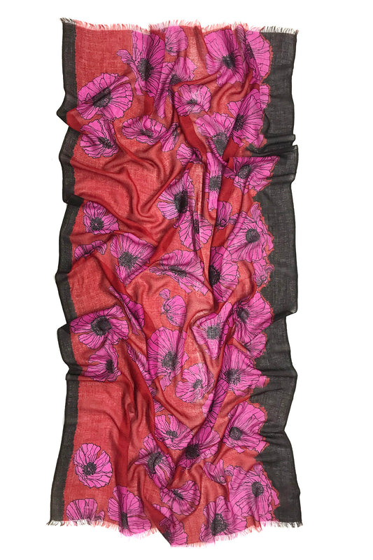 Scarlet and Fuschia Large Poppies Silk Linen Cashmere Scarf