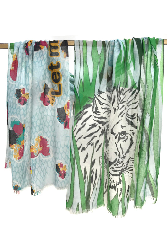 Blue & Green Lion Printed Silk Cashmere Scarf