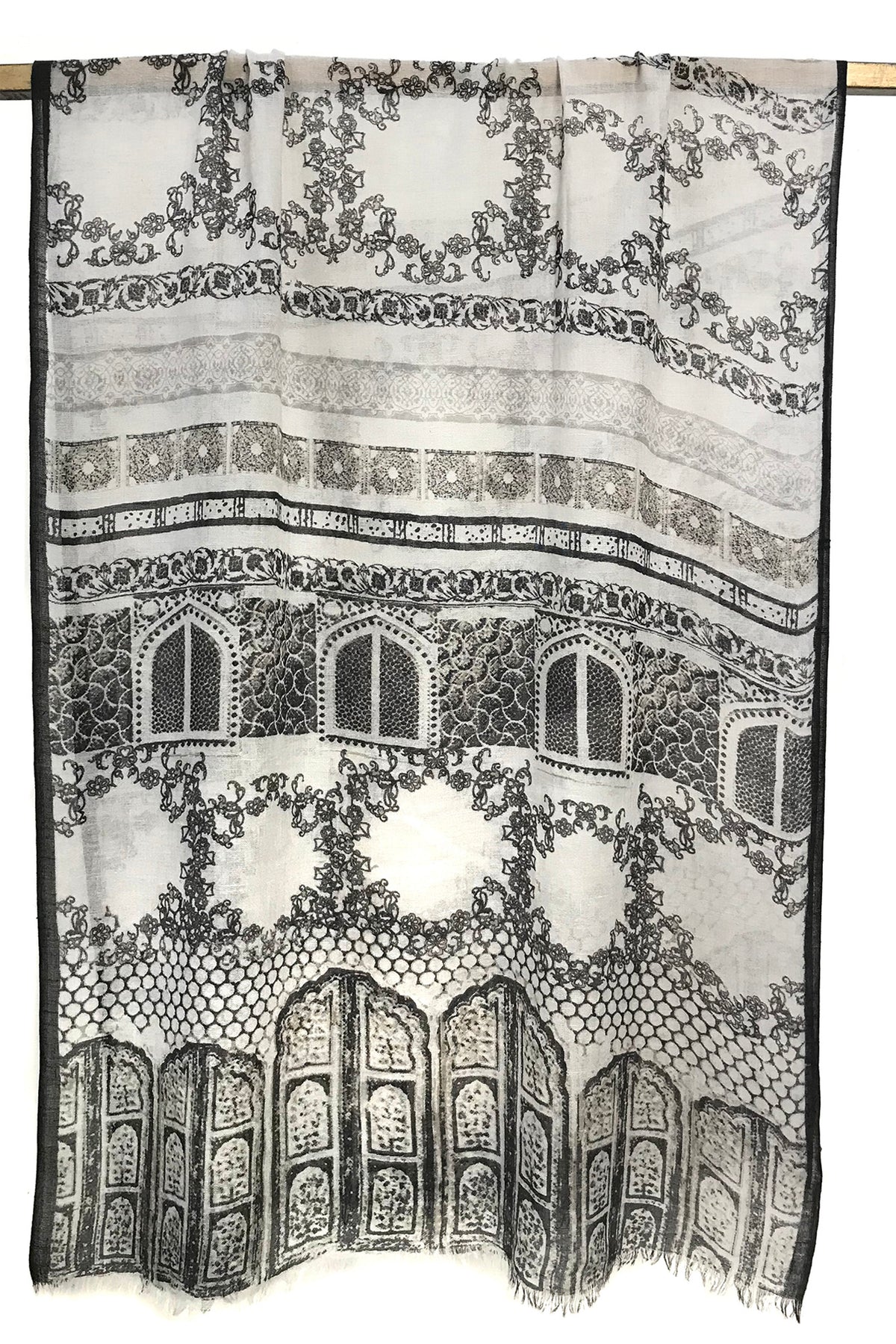 Jharokha-print Black & White Contemporary Silk Cashmere Scarf