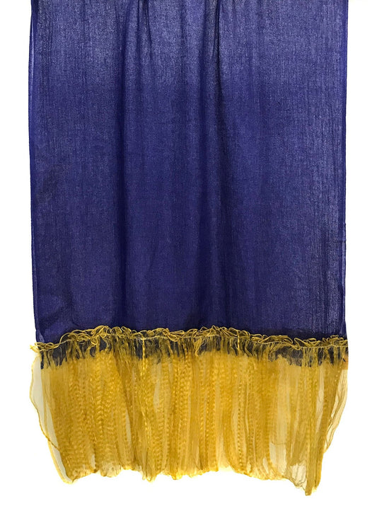 Navy and Ochre Frills Silk Cashmere Scarf