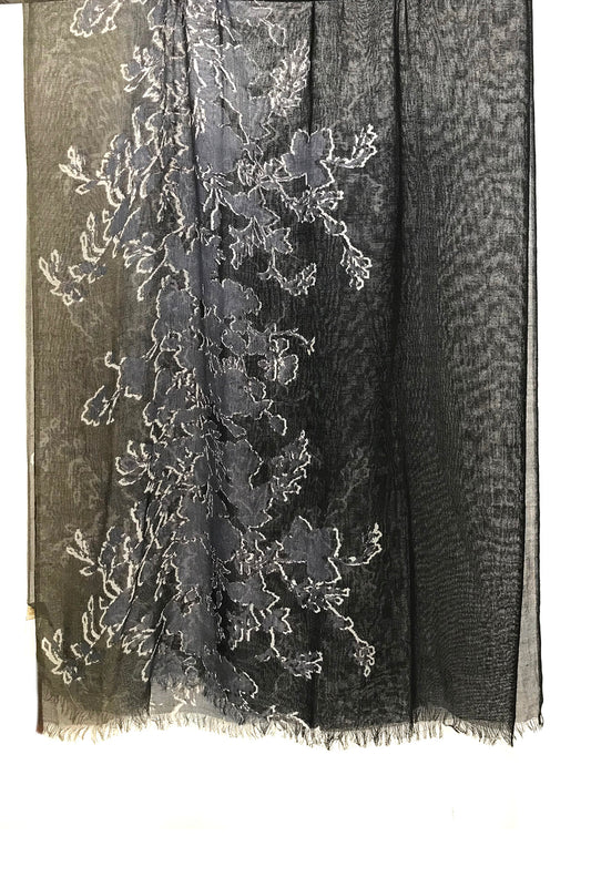 Black & Olive Floral Silk Cashmere Scarf