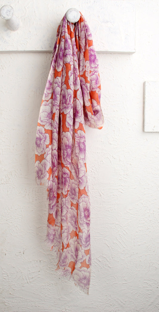 Orange & Pink Floral Silk Cashmere Scarf