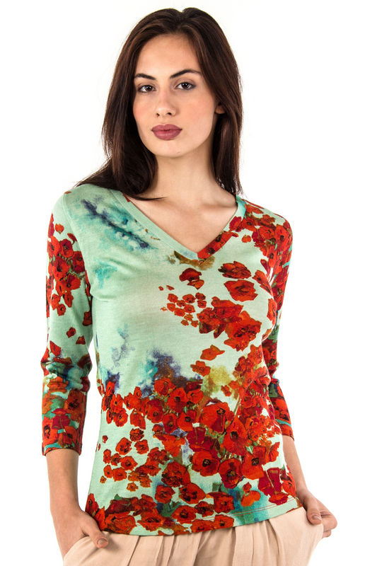 Turquoise Red Floral Silk Wool Cashmere Sweater