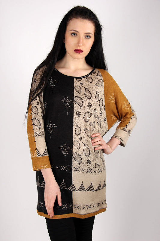 Black & Beige Floral Silk Wool Cashmere sweater