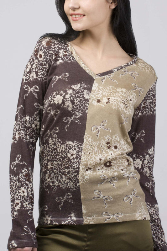 Brown Beige Floral Cashmere Silk Sweater