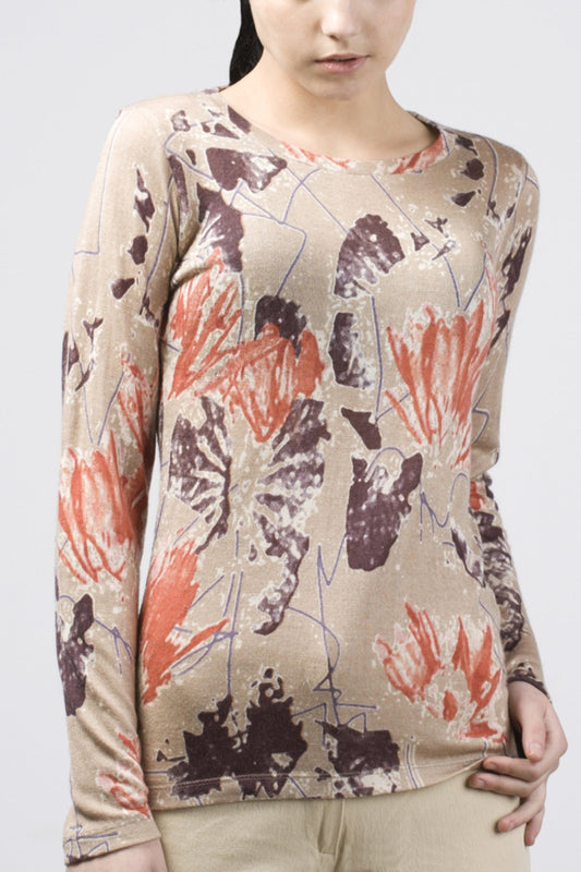 Beige Floral Cashmere Silk Sweater