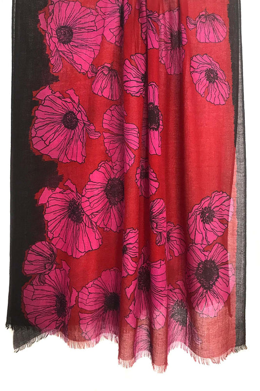 Red Floral Cashmere Silk Linen Scarf